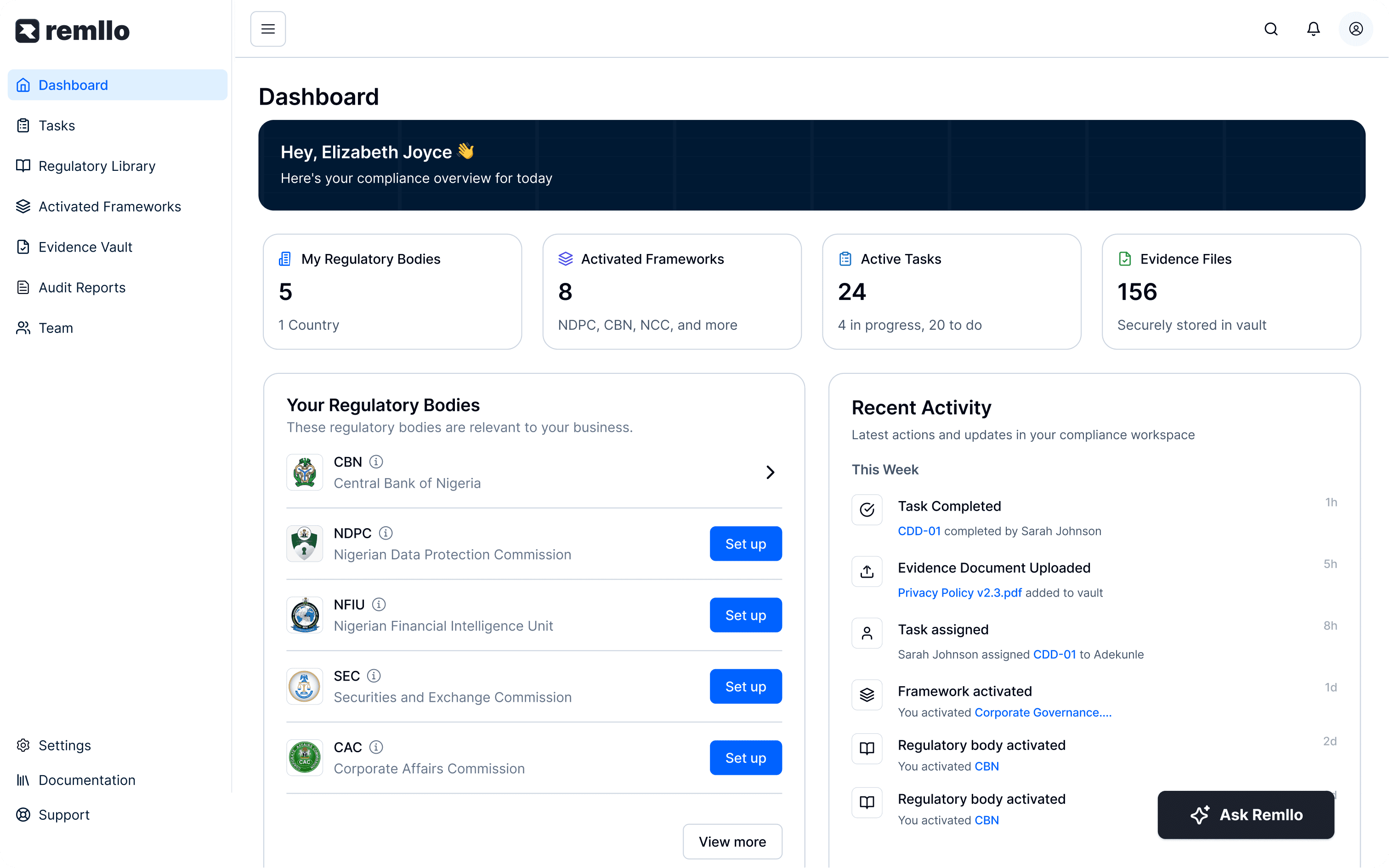 Remllo Compliance dashboard showing regulatory frameworks, tasks, evidence, and recent compliance activity