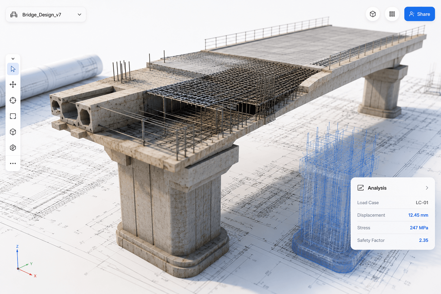 AI-powered 3D structural engineering workspace showing a bridge model, reinforcement details, and simulation analysis results